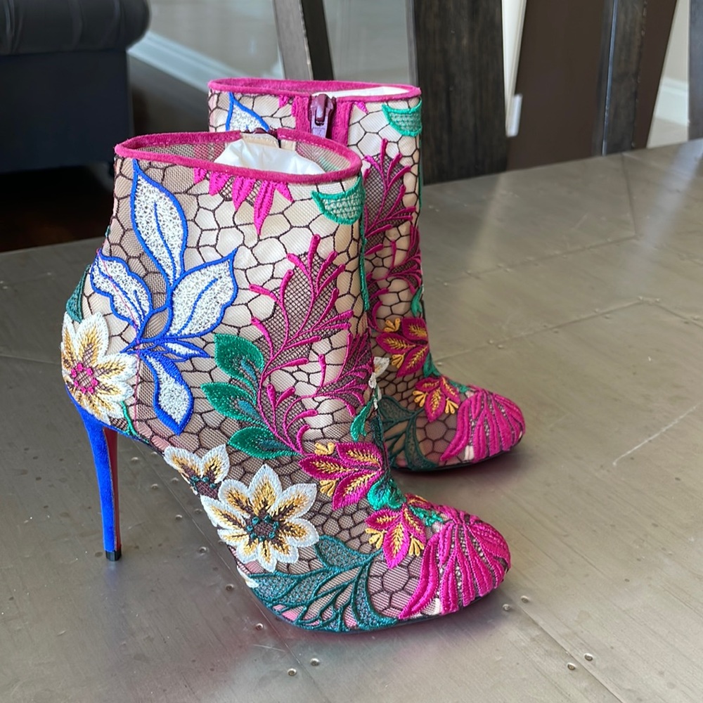 christian louboutin miss tennis mesh multicolor pink blue 100mm boot booty Sz 35